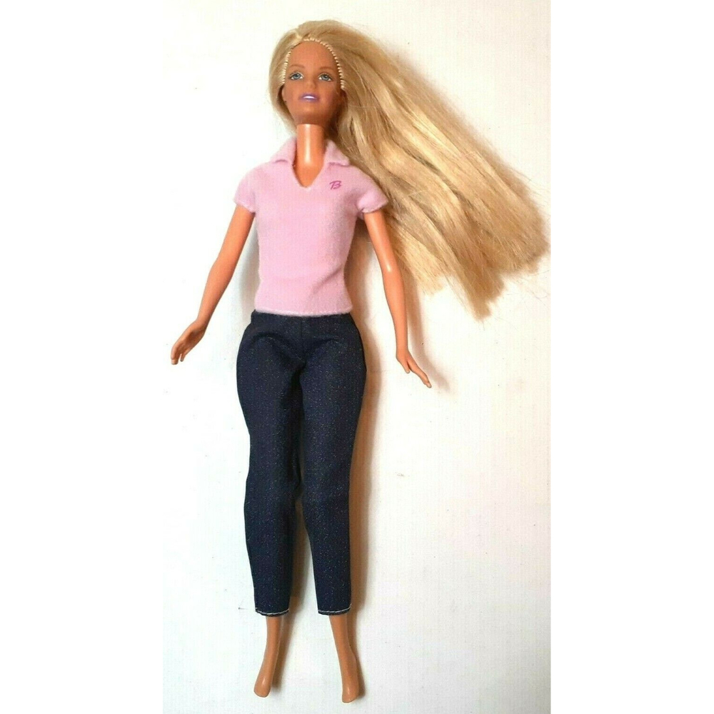 Vtg. Mattel 1999 Blonde Barbie Doll, Long Hair, Jeans/Pink Velour Top-Knees Bend